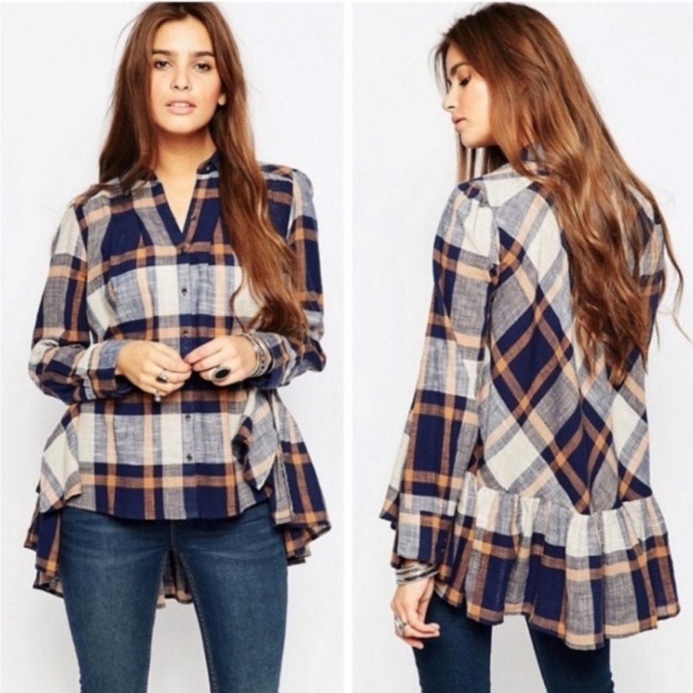 FREE PEOPLE Peppy in Plaid Brown Navy Button Down